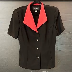 Miss Dorby Blouse Button Up w/Draped Rope Back Black w/Peach Collar Sz 14
